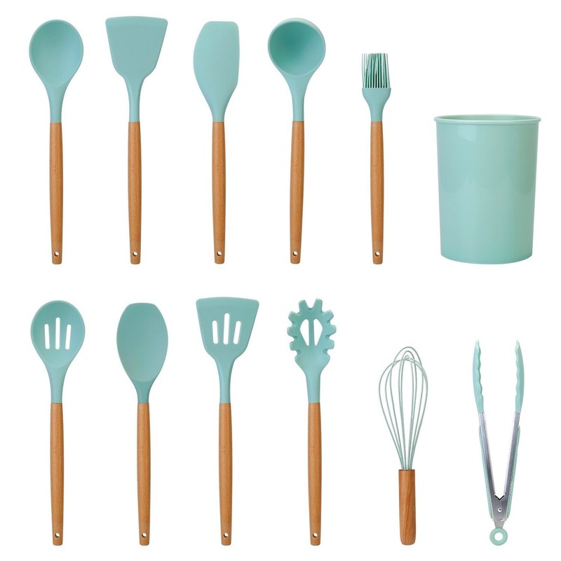 Pinzas de cocina de silicona y madera, resistentes al calor y aptas para antiadherentes.