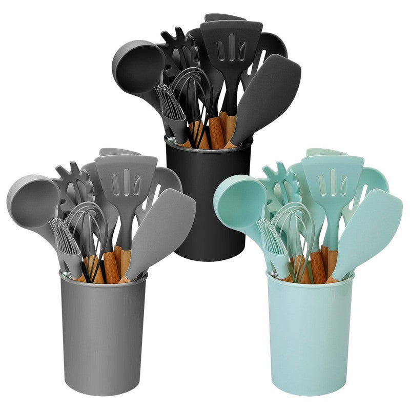 Set de utensilios de cocina modernos de silicona gris y madera natural, 11 piezas.