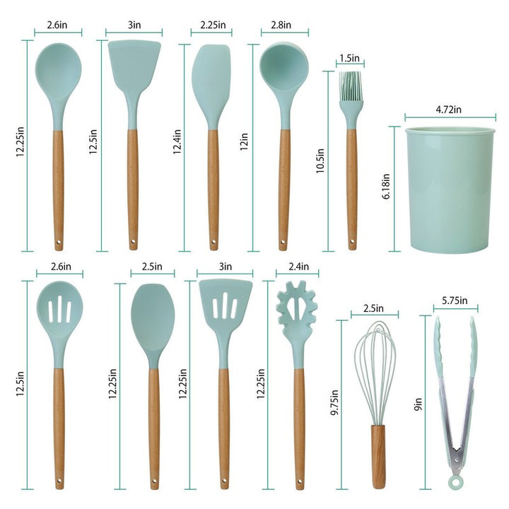 Accesorios de cocina duraderos: silicona libre de BPA y madera, resistente al calor.
