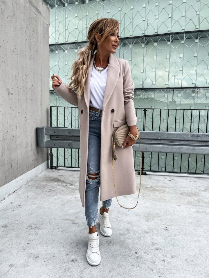 Abrigo de invierno elegante para mujer, color sólido, ofrece calidez y estilo sofisticado.