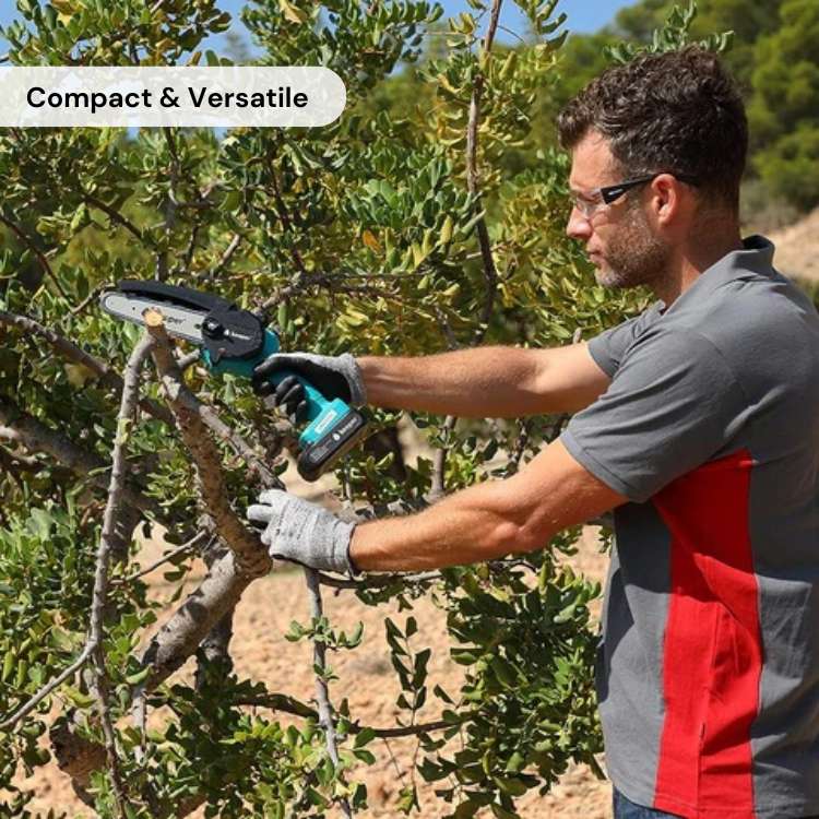 Motosierra eléctrica a batería de 15 cm. Herramienta inalámbrica para trabajos de jardinería y poda ligera.