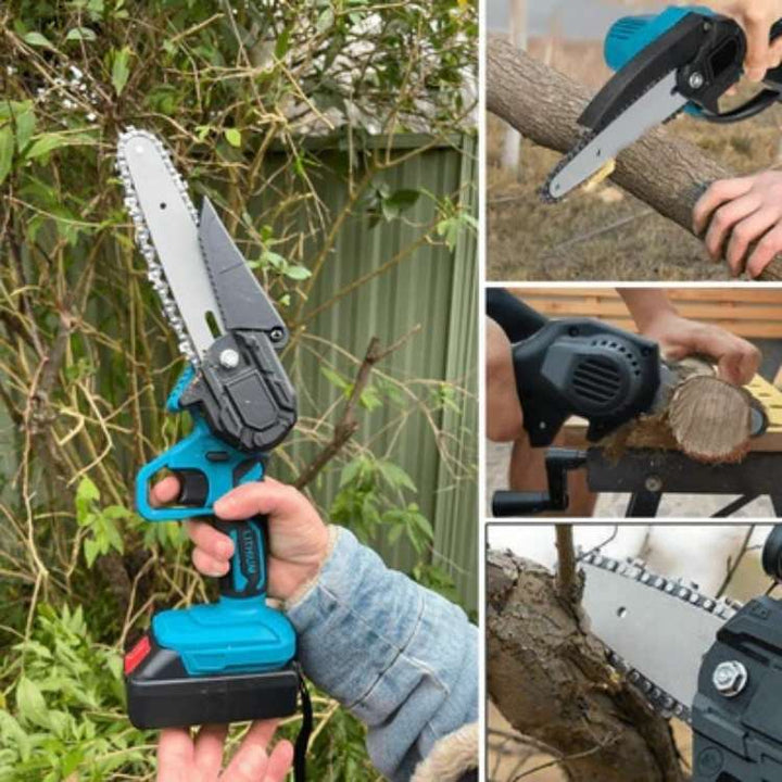 Motosierra inalámbrica compacta para poda de ramas en el jardín. Herramienta eléctrica portátil y fácil de usar.