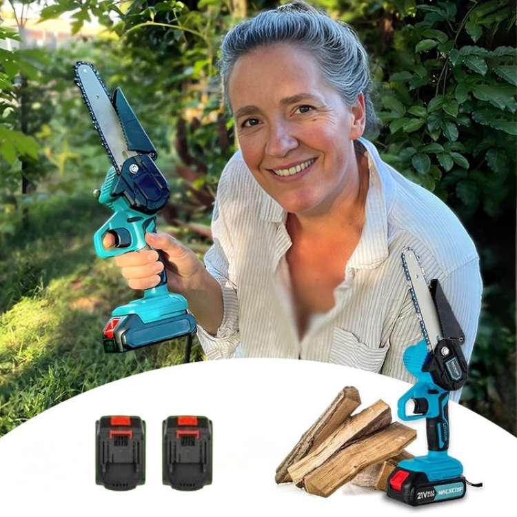 Mini motosierra eléctrica inalámbrica de 15 cm para poda de jardín, ligera y portátil con batería.