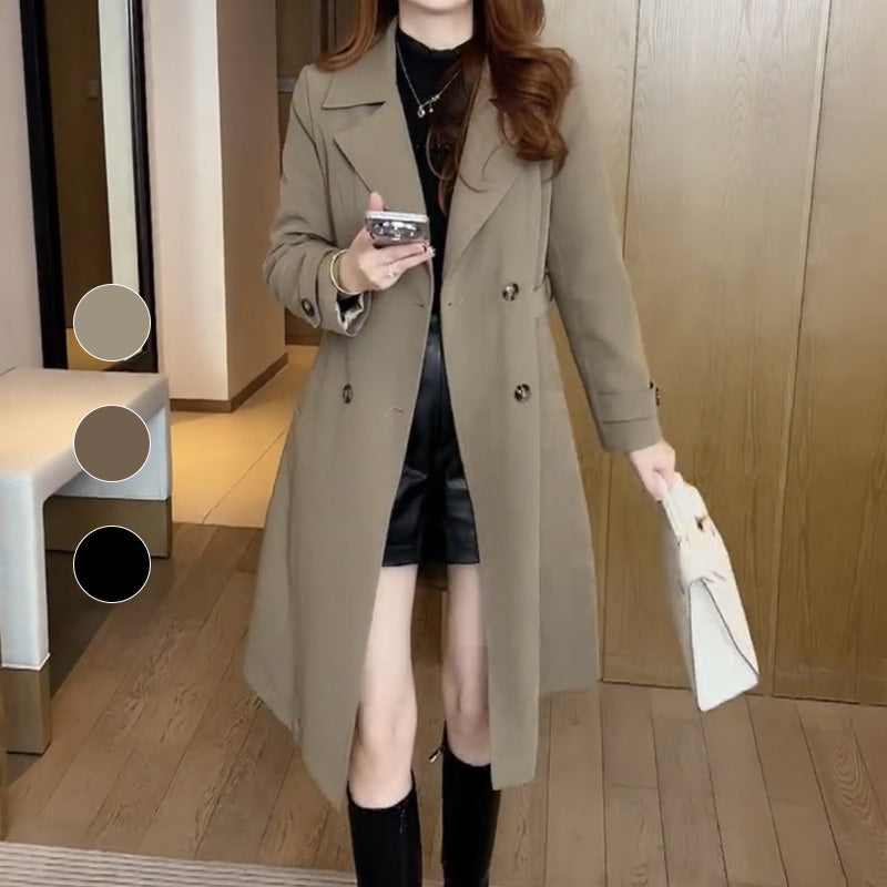 Trench largo beige para mujer, elegante y cálido. Ideal para otoño e invierno, estilo clásico.