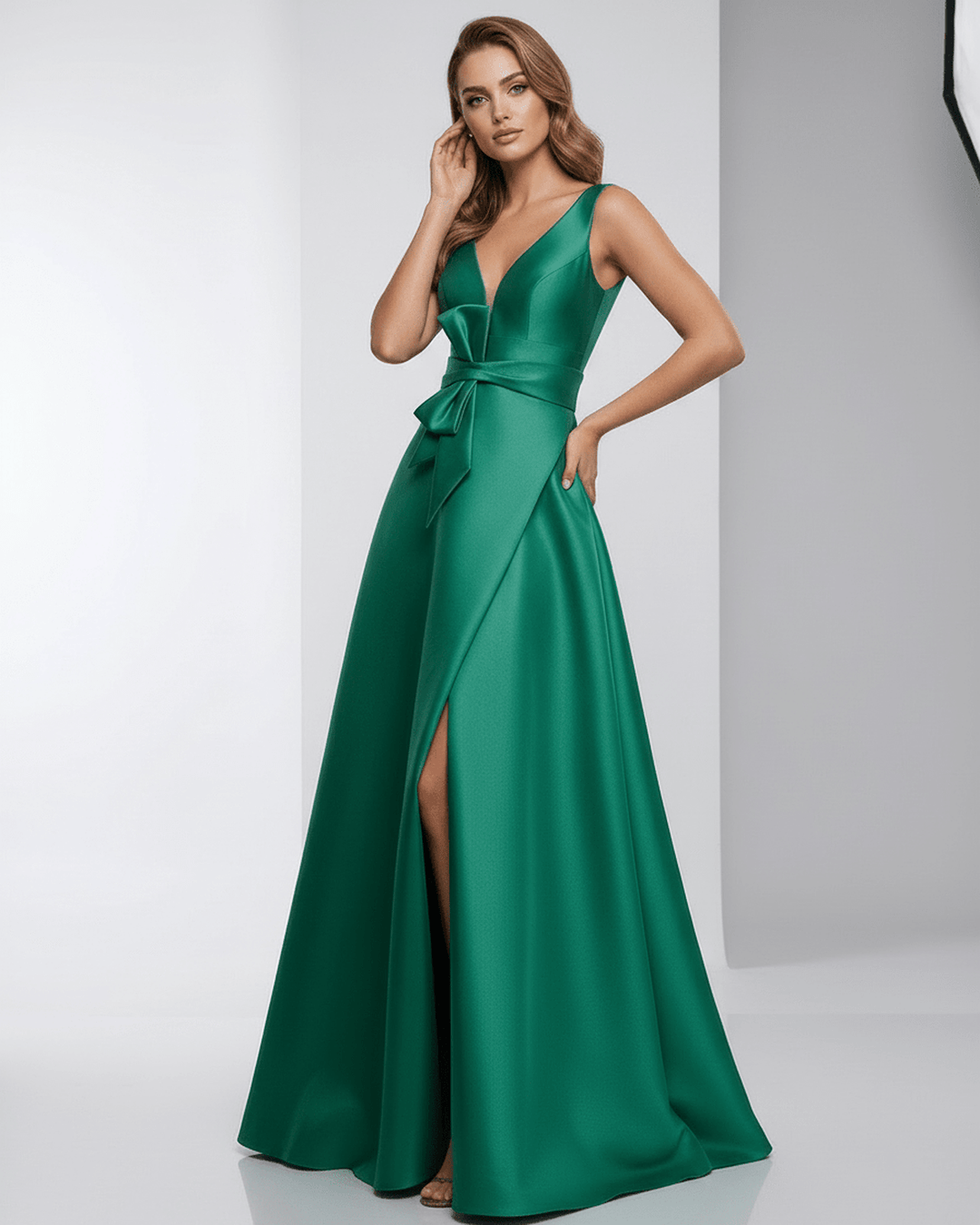 Vestido maxi blanco de noche con silueta A-line, escote en V, largo al suelo para mujer. Estilo formal.