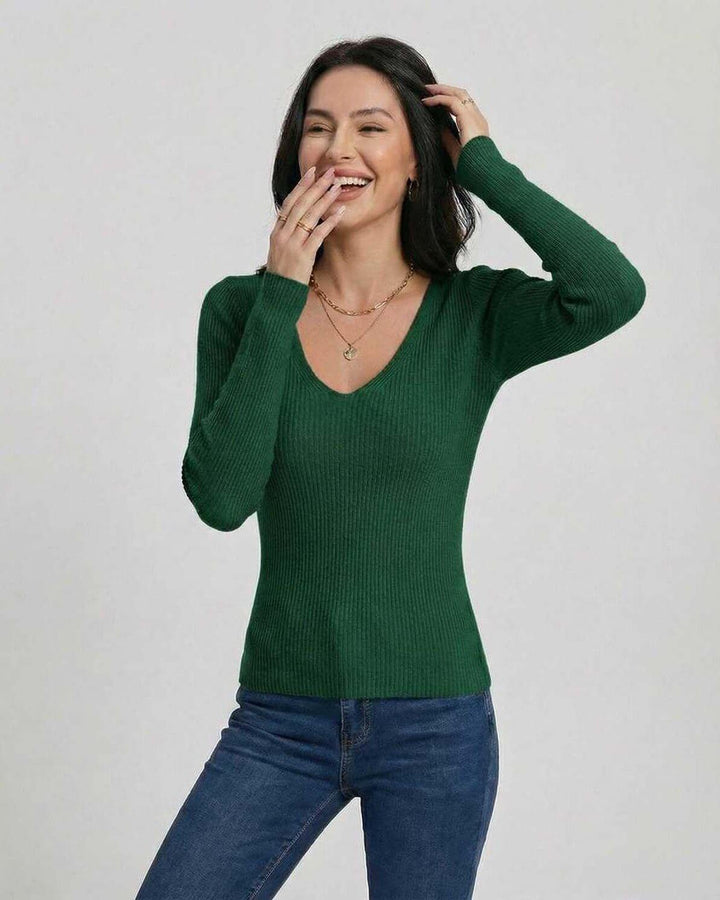 Suéter de mujer blanco, cuello V, ajuste ceñido, manga larga, cómodo para el frío de invierno.