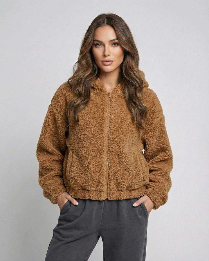 Chaqueta de invierno para mujer, estilo moderno, color marrón, con capucha y cremallera.