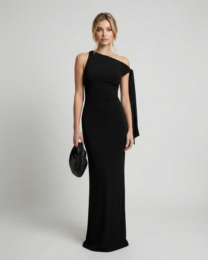 Vestido maxi negro elegante de un hombro para mujer, ideal para fiestas, eventos de noche y ocasiones formales.
