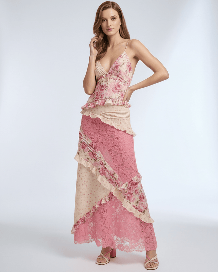 Hermoso vestido maxi floral elegante, corte flotante y volantes, para eventos especiales de mujer.