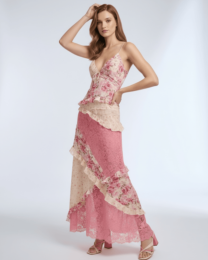 Vestido maxi floral de verano para mujer, estilo romántico y flotante, ideal para fiesta o casual.