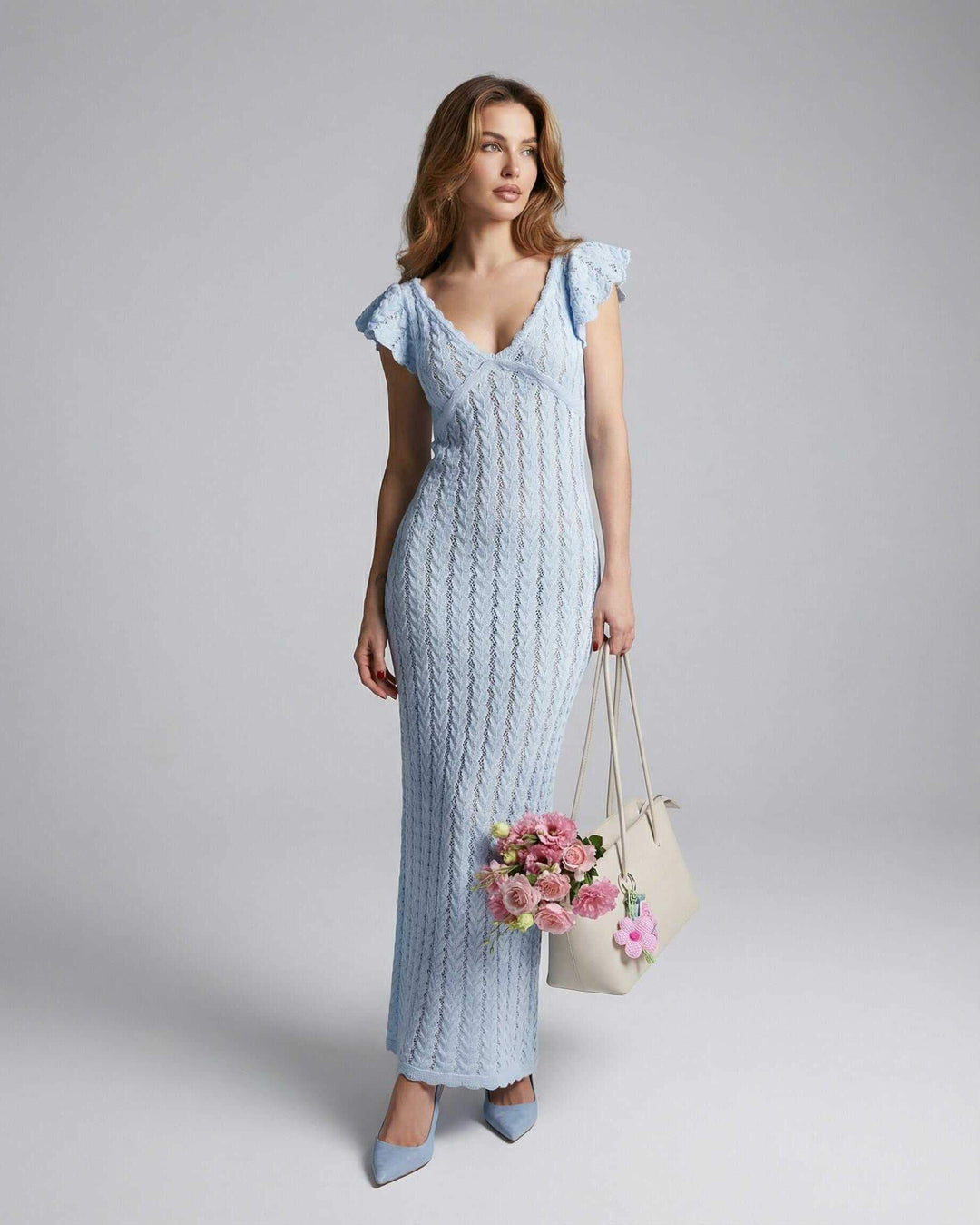 Elegante vestido largo de verano con escote en V, mangas volantes y cintura alta para mujer.