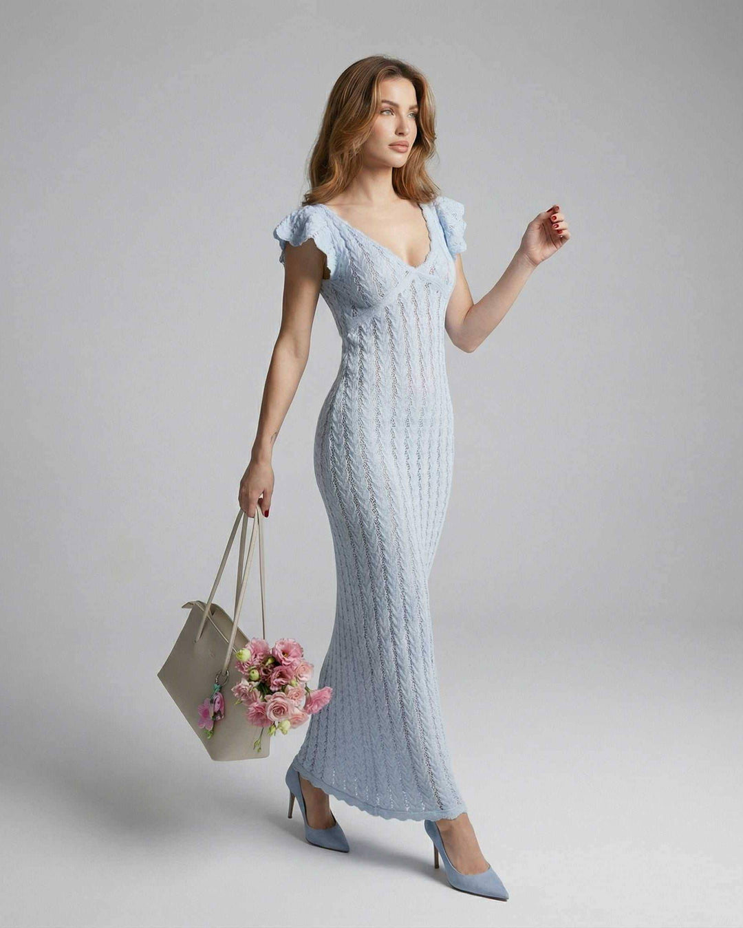 Vestido de fiesta azul claro con espalda descubierta, escote V y mangas con volantes, para mujer.
