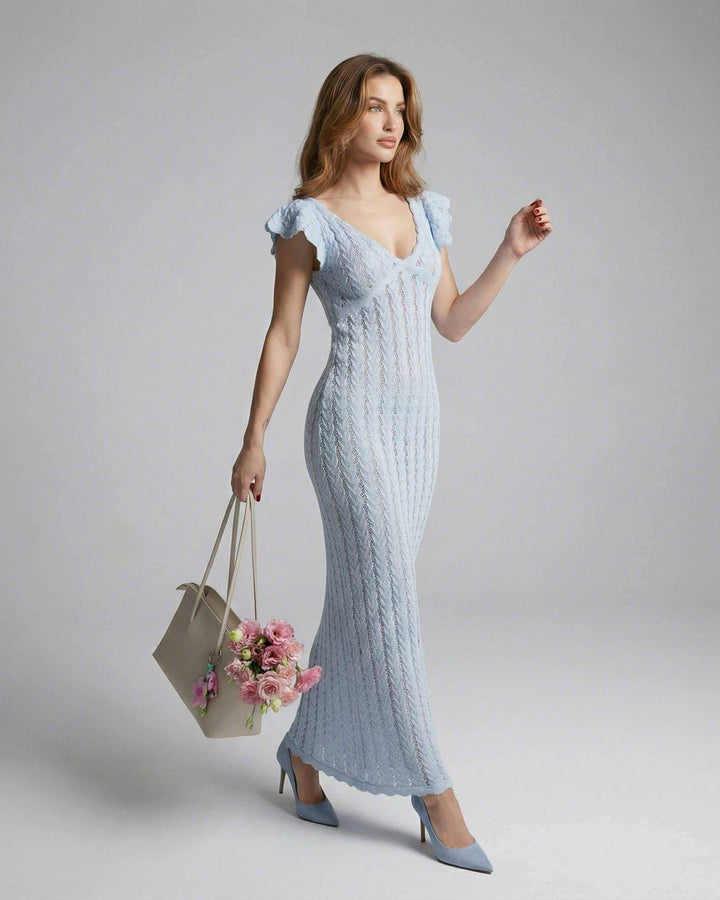 Vestido de fiesta azul claro con espalda descubierta, escote V y mangas con volantes, para mujer.