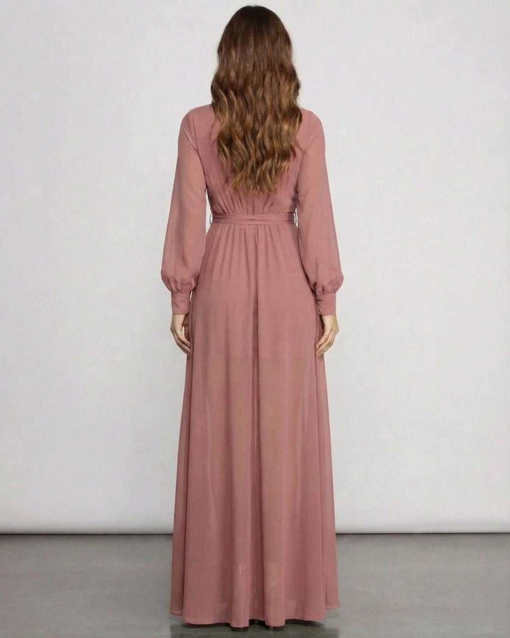 Maxi vestido formal A-Line de mujer, rosa empolvado con manga larga, diseño sofisticado para invitadas.