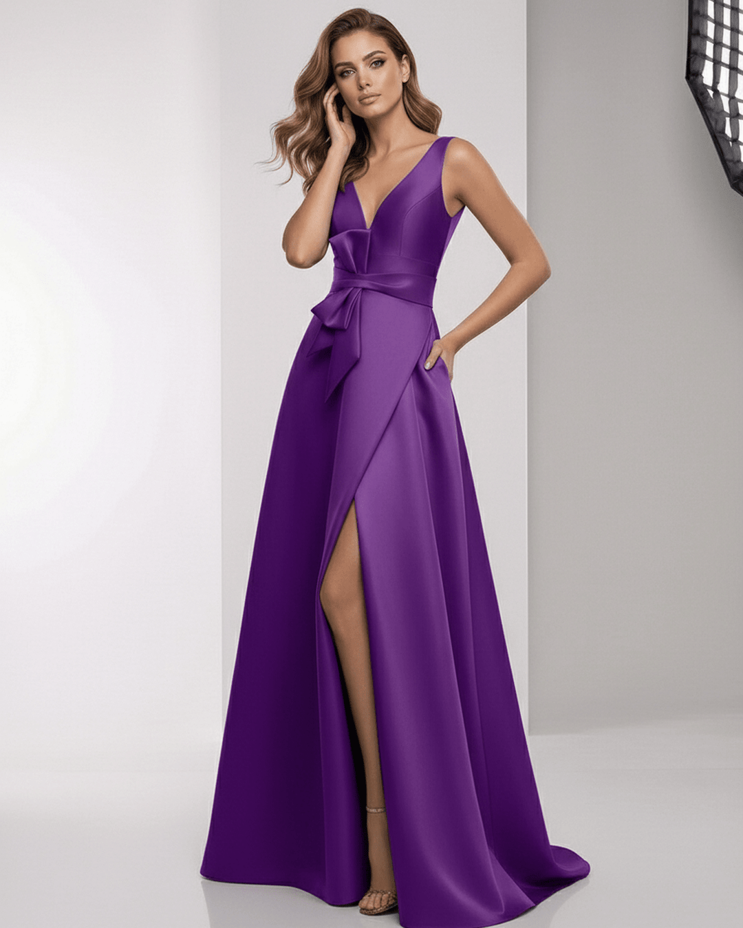 Vestido largo púrpura para mujer, un look chic con abertura y lazo, ideal para ocasiones especiales.