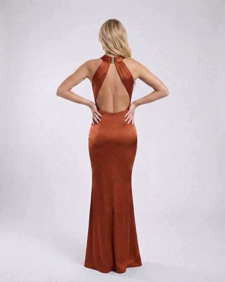 Vestido de fiesta maxi con espalda abierta y cuello halter, perfecto para ocasiones especiales y noches elegantes.
