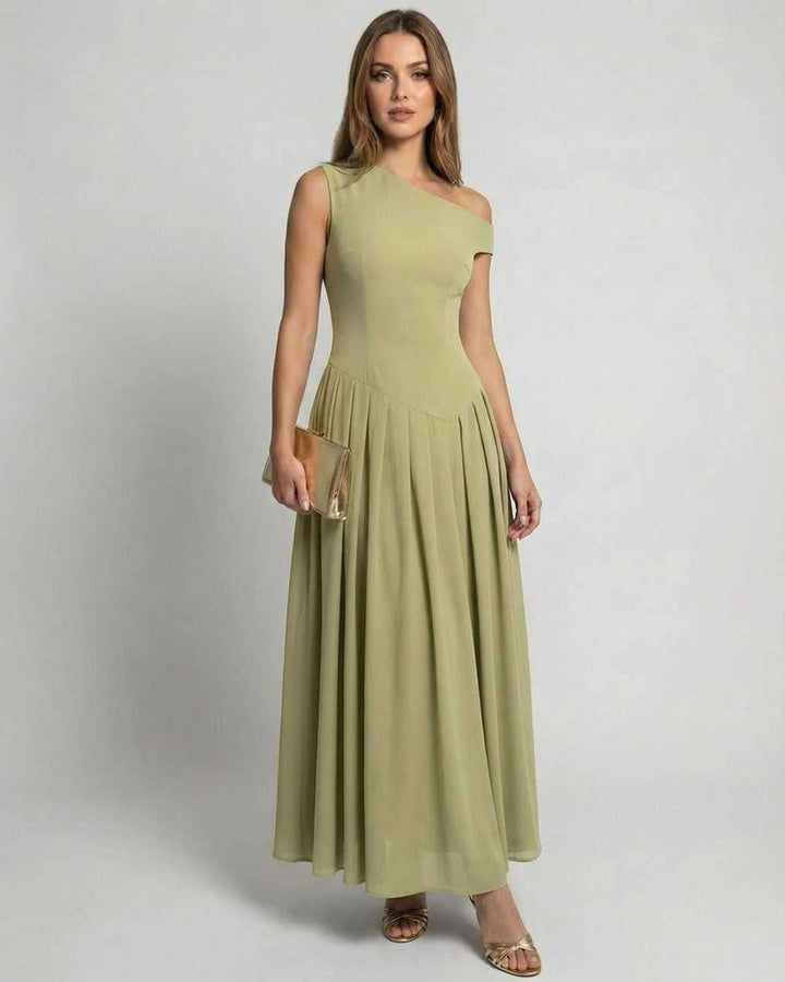 Vestido maxi verde salvia elegante y fluido para mujer. Perfecto para fiesta o boda.