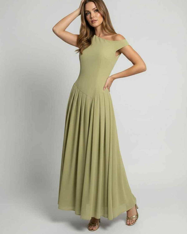Vestido de fiesta verde salvia para mujer, estilo maxi con un hombro y diseño asimétrico. Elegancia única.