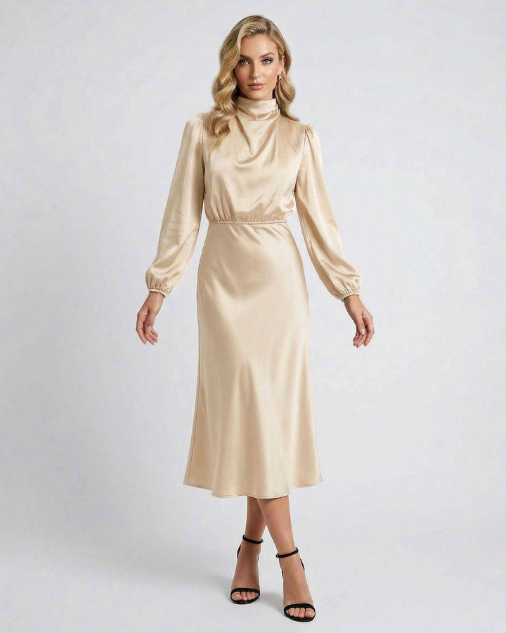 Vestido midi Sienna elegante para mujer con cuello alto, perfecto para fiesta o evento especial.