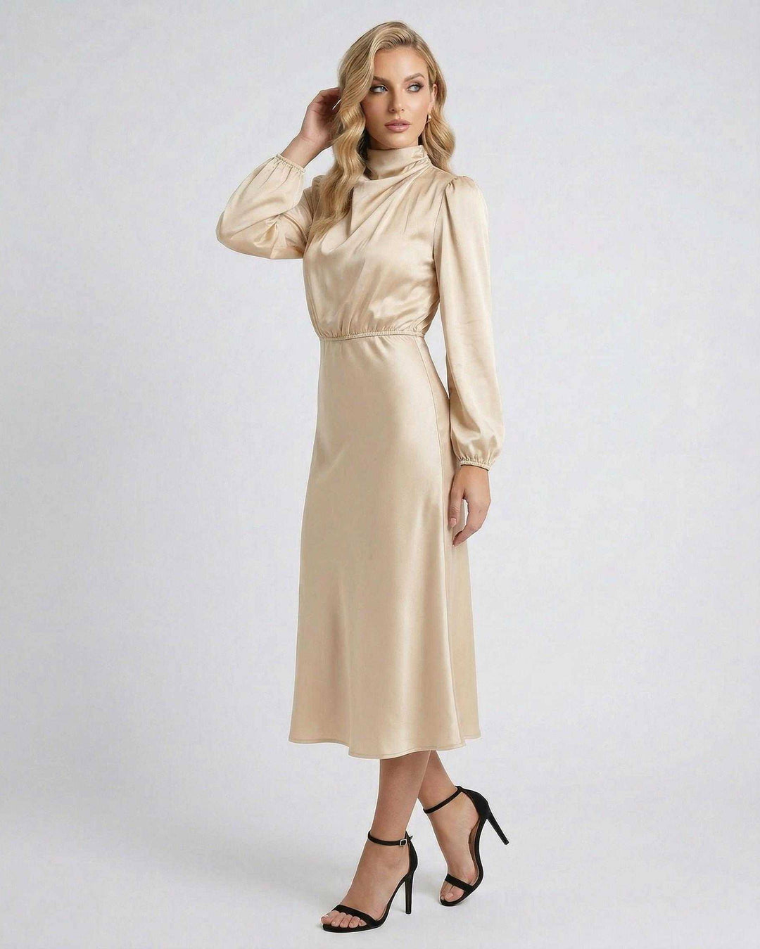 Vestido de fiesta midi para mujer, cuello alto y diseño elegante, ideal para ocasiones especiales.