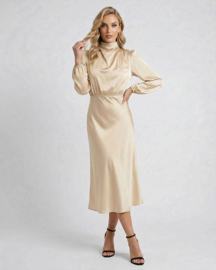 Elegante vestido midi de mujer con cuello alto y mangas largas, diseño sofisticado para cualquier evento.