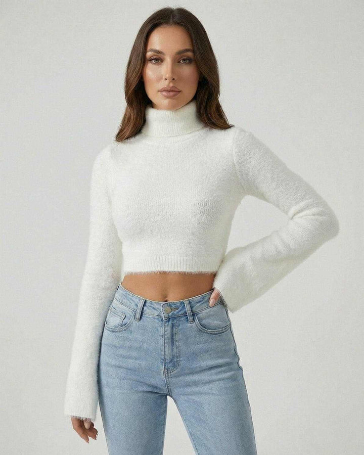 Suéter blanco de cuello alto para mujer, manga larga, estilo elegante y casual, ideal para otoño e invierno.