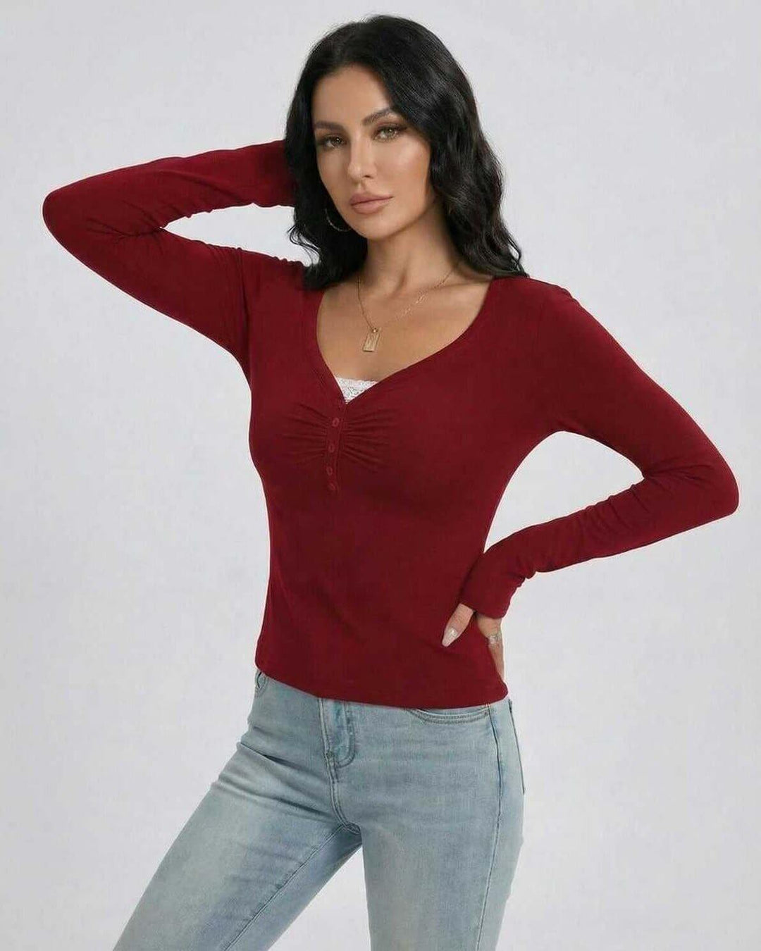 Suéter versátil de mujer, cuello V, manga larga, ajuste slim, botones, cómodo para cualquier ocasión.