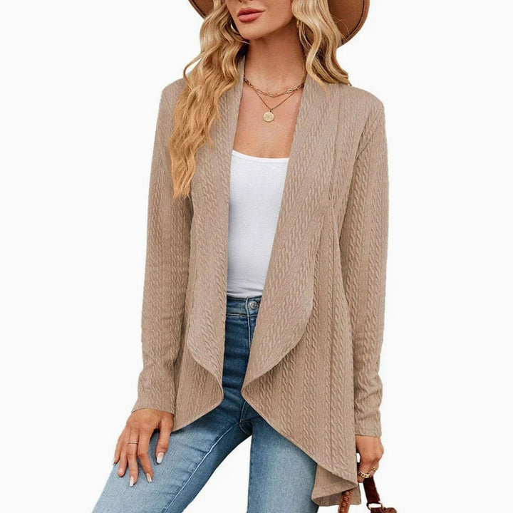 Cárdigan mujer elegante, tejido trenzado, abertura delantera. Ideal para outfits casuales o formales.