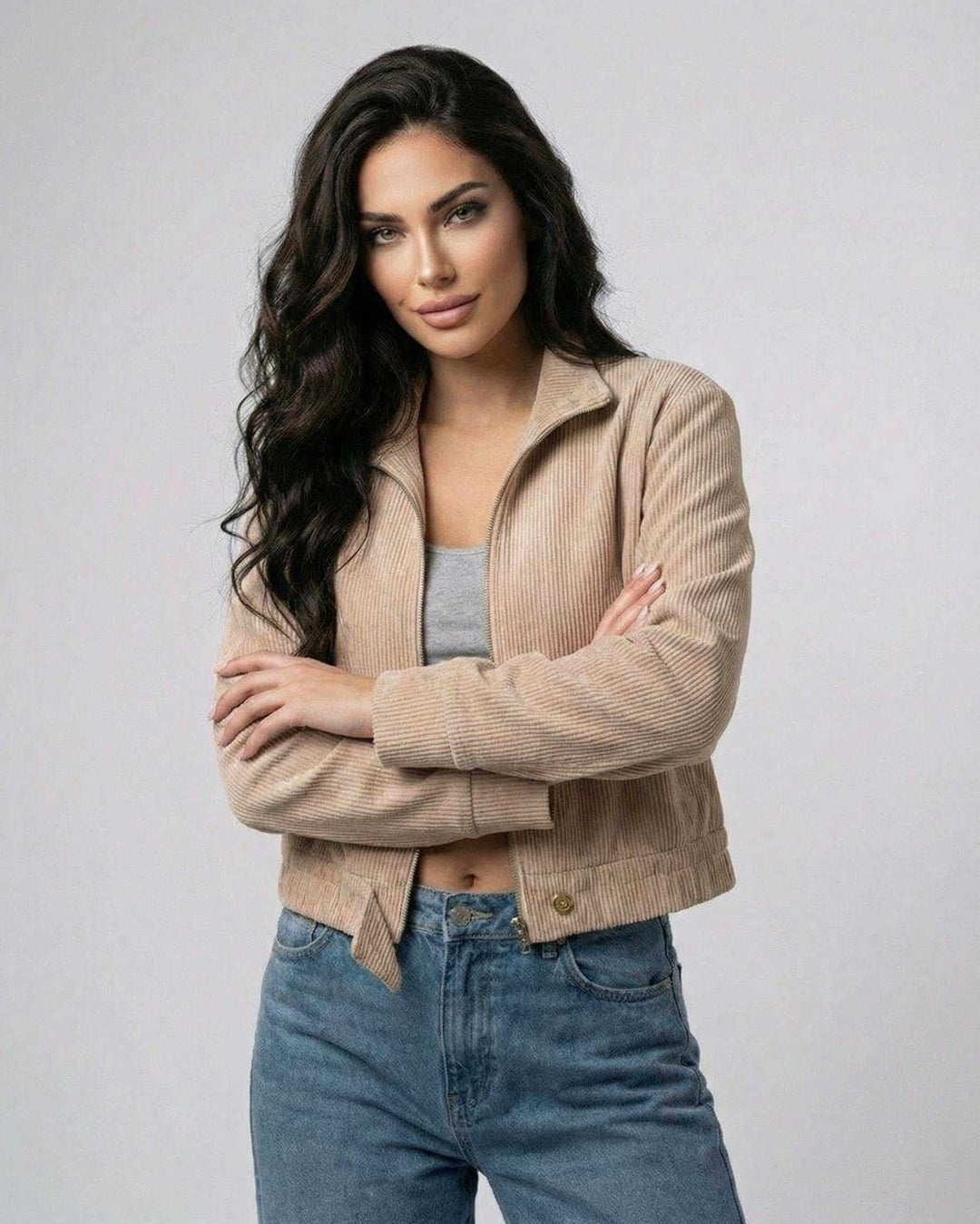 Chaqueta blanca para mujer con cremallera, estilo ajustado para moda casual y diaria elegante.