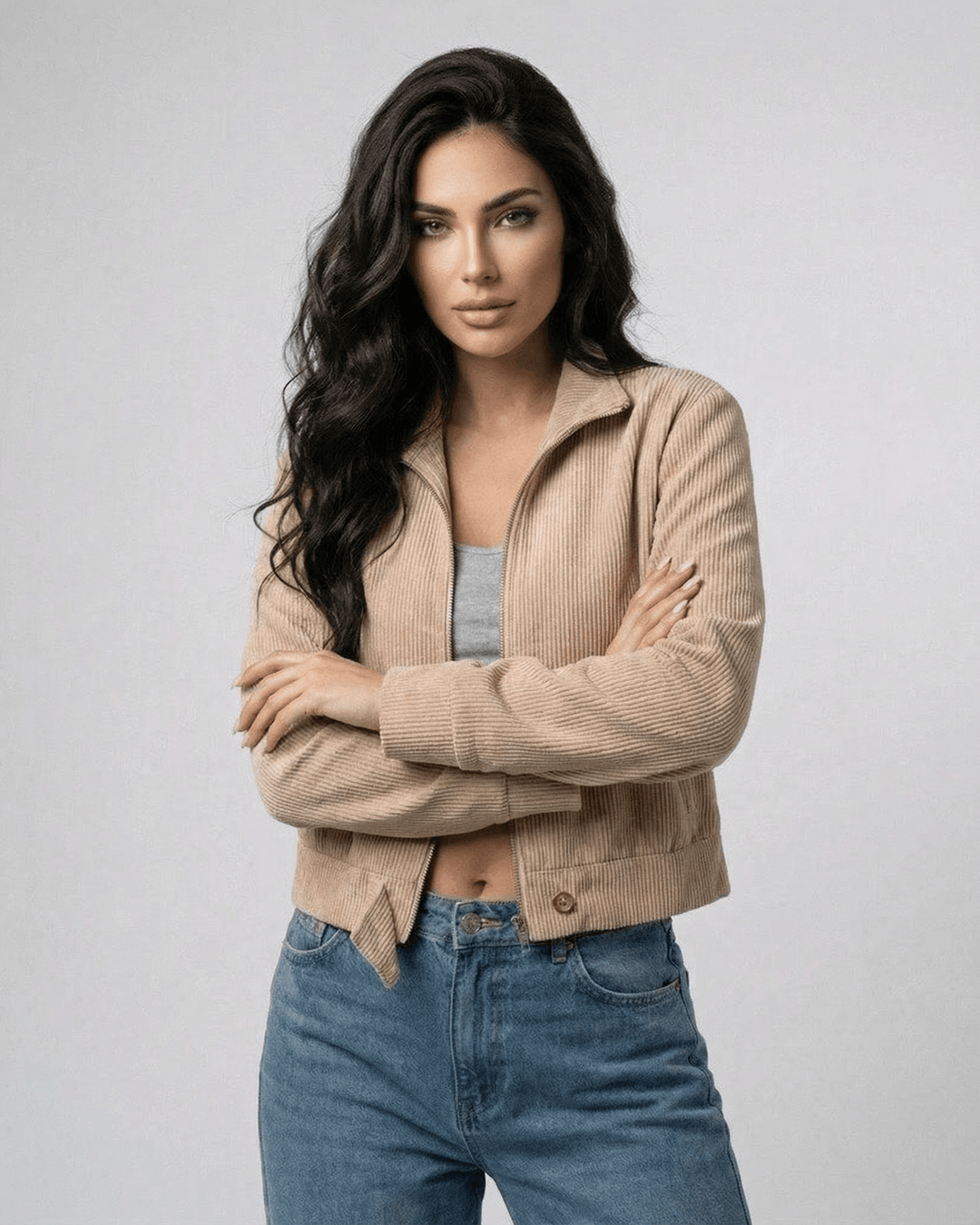 Chaqueta blanca de mujer, diseño ajustado y moderno. Prenda versátil para moda casual elegante.