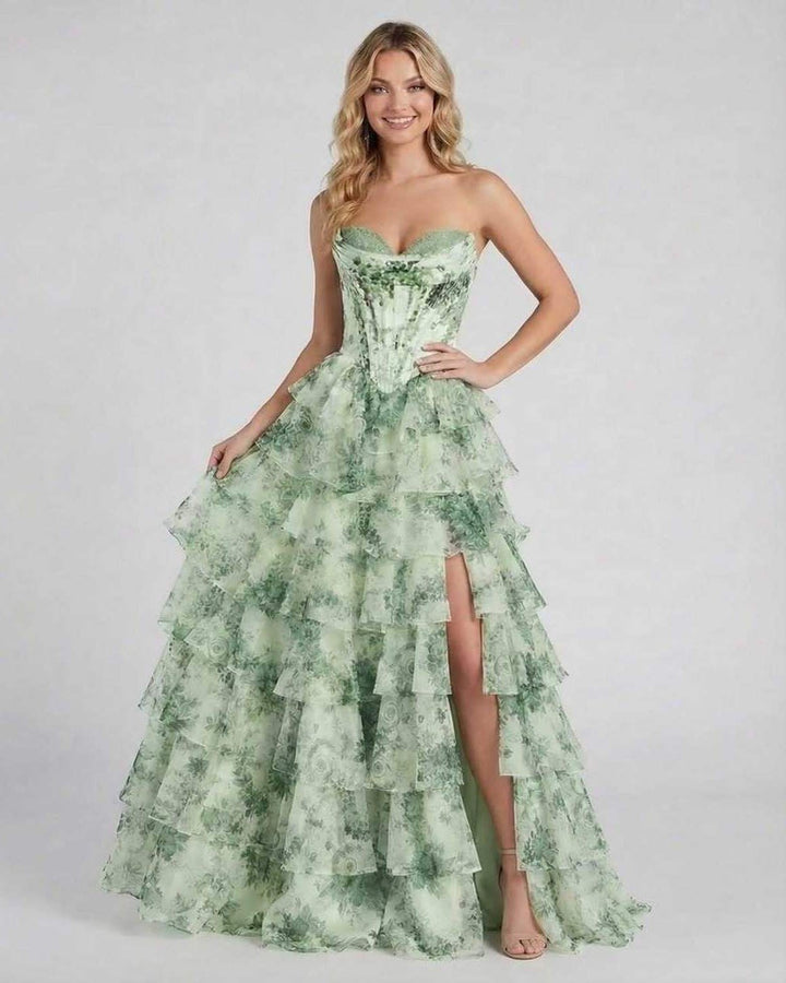 Vestido maxi floral verde sin mangas para mujer, ideal para bodas, fiestas y graduaciones elegantes.