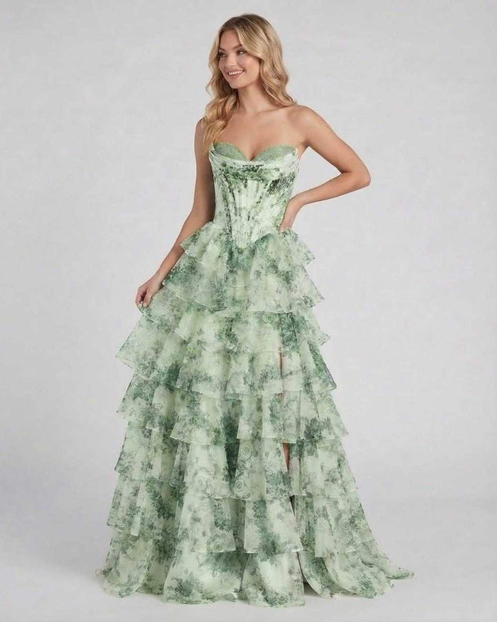 Vestido maxi floral verde sin mangas para mujer, atuendo formal chic para fiestas y cenas de gala.