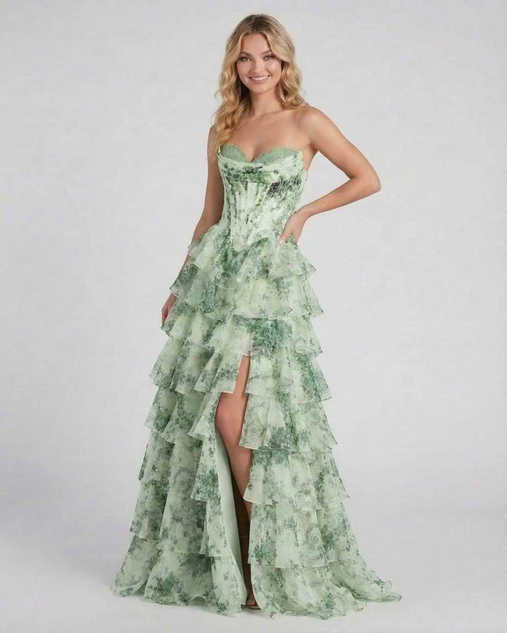 Vestido maxi verde floral para mujer, estilo elegante, perfecto para bodas, graduaciones y fiestas de noche.