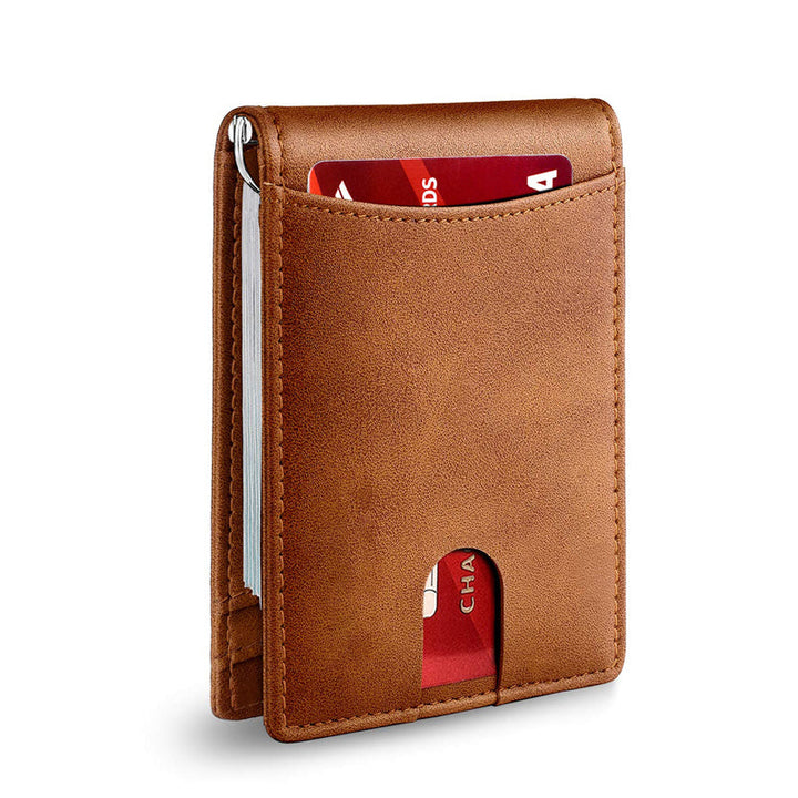 Detalle de costura en billetera de cuero genuino, con protección RFID para hombre.