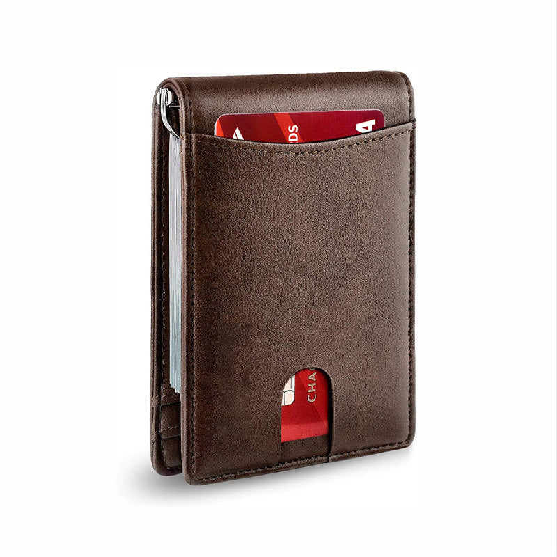Billetera delgada frontal, cuero genuino para hombre, con tecnología de bloqueo RFID.
