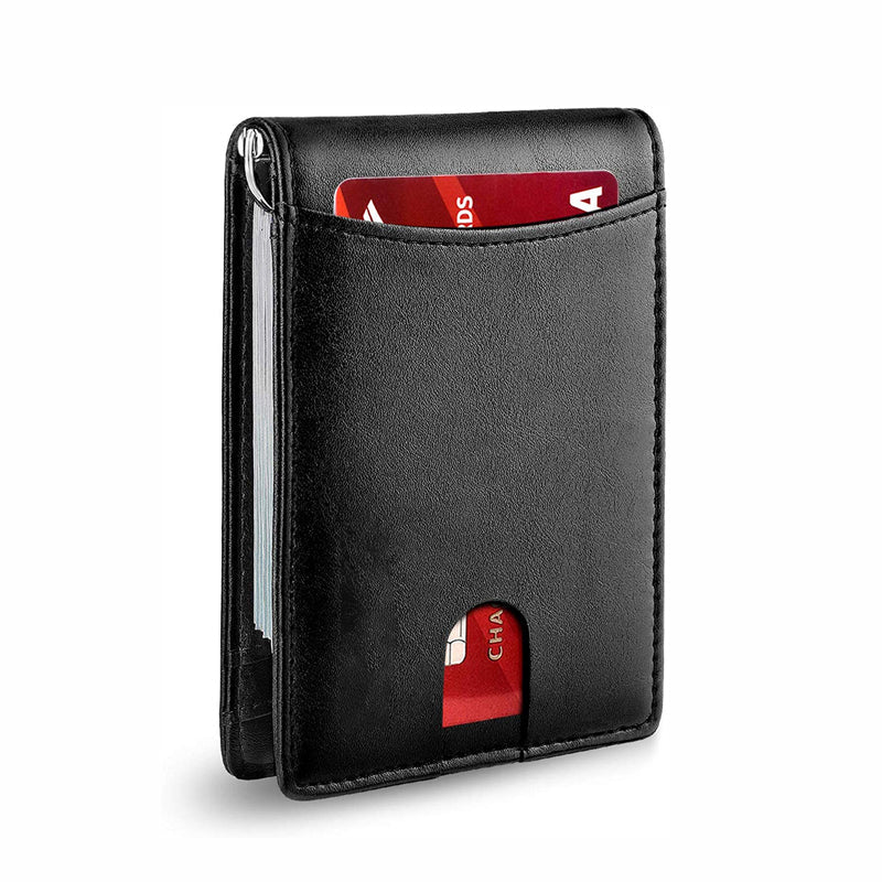 Parte trasera de billetera de cuero genuino, diseño slim con RFID para hombre.