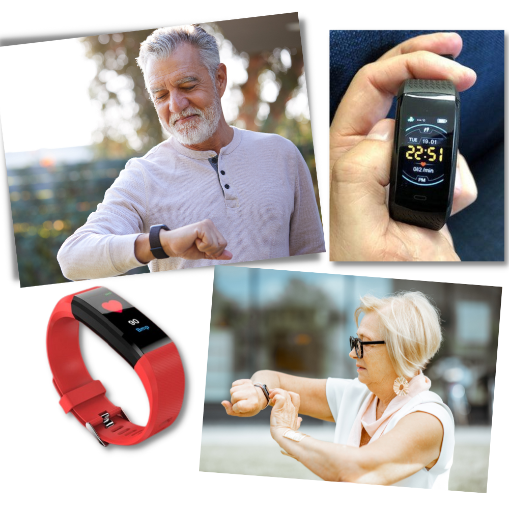Reloj inteligente para mayores, monitoreo de ritmo cardíaco y presión arterial. Cuidado de salud integral.