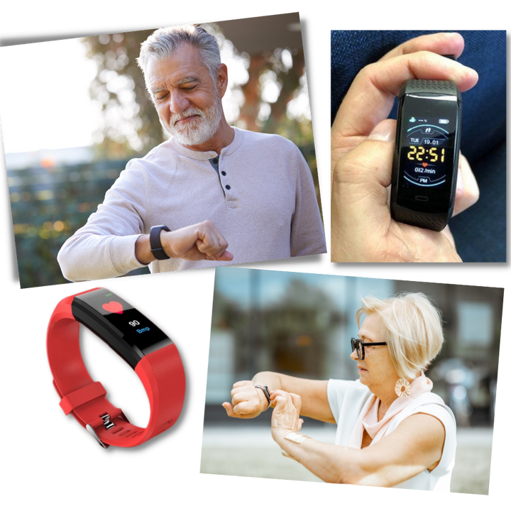 Reloj inteligente para mayores, monitoreo de ritmo cardíaco y presión arterial. Cuidado de salud integral.