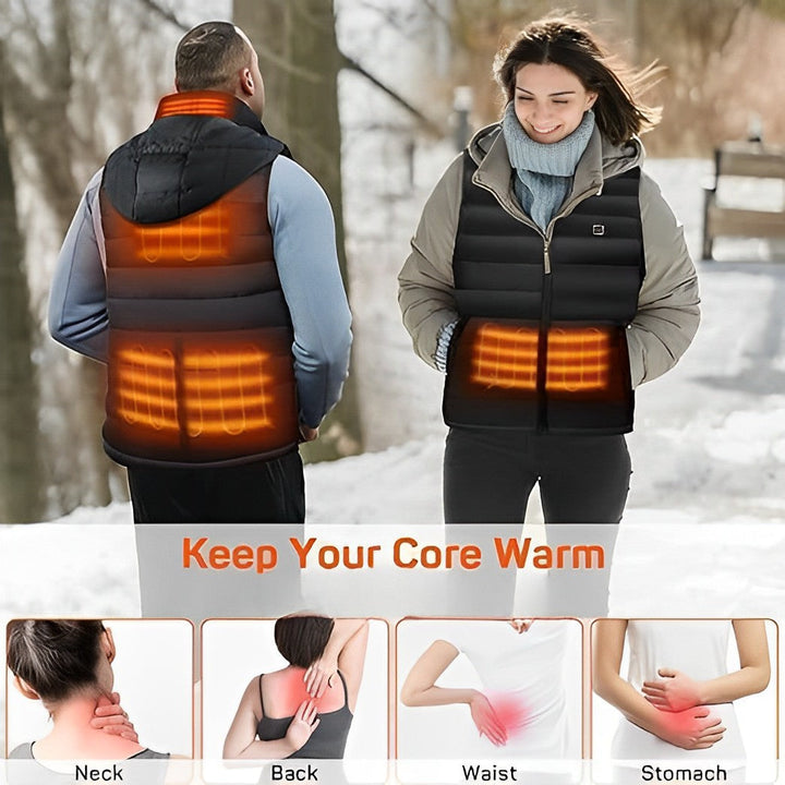 Chaleco térmico recargable ideal para moto, camping o senderismo, ofreciendo calor constante en condiciones de frío.