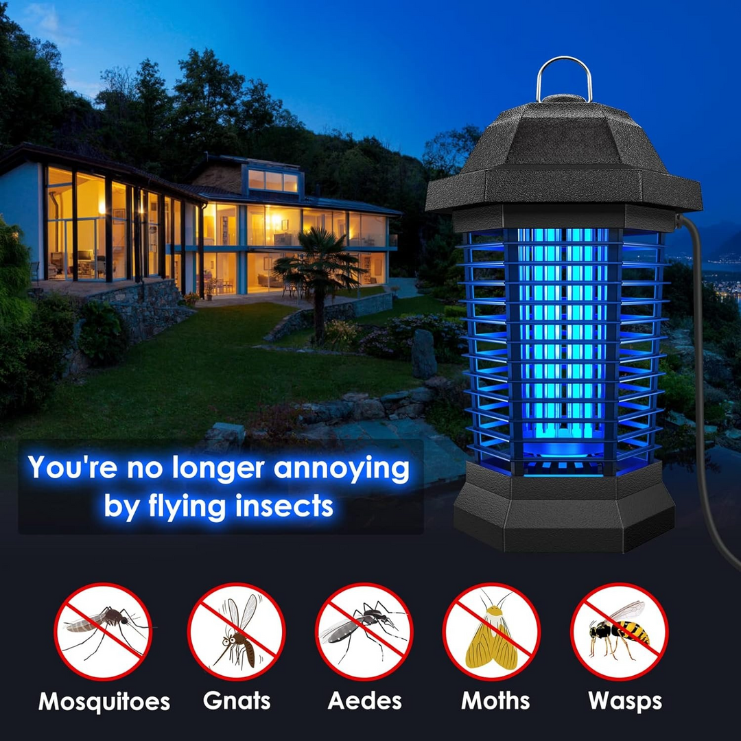 Control de plagas no tóxico: zapper eléctrico UV para mosquitos. Lámpara segura para niños y mascotas en casa.