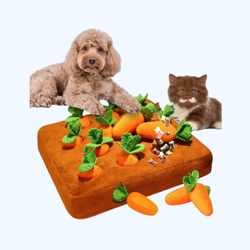Alfombra de olfateo de algodón con zanahorias para mascotas, juguete interactivo que reduce el estrés y estimula su mente.