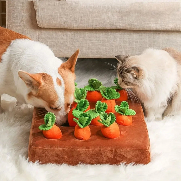 Alfombra de olfateo interactiva para perros y gatos con zanahorias, ideal para juego mental y antiestrés.