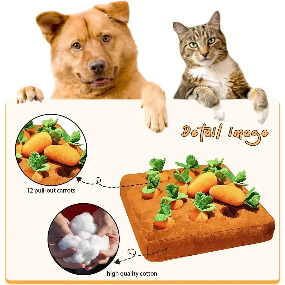 Alfombra de olfateo para gatos y perros con diseño de zanahorias. Juguete interactivo de algodón para diversión y calma.
