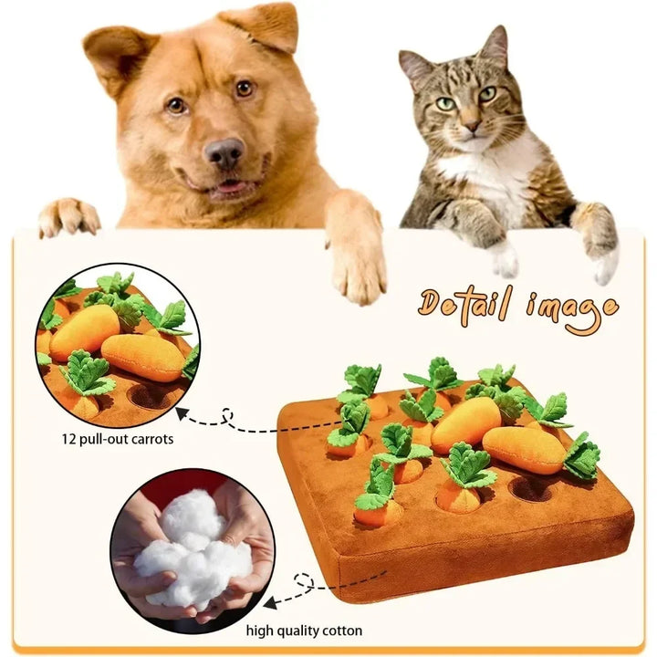 Alfombra de olfateo para gatos y perros con diseño de zanahorias. Juguete interactivo de algodón para diversión y calma.