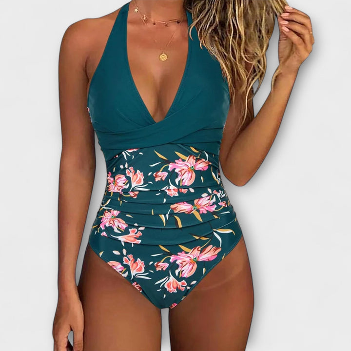 Bañador Sofía para mujer, diseño halter con contraste, perfecto para un estilo elegante de verano.