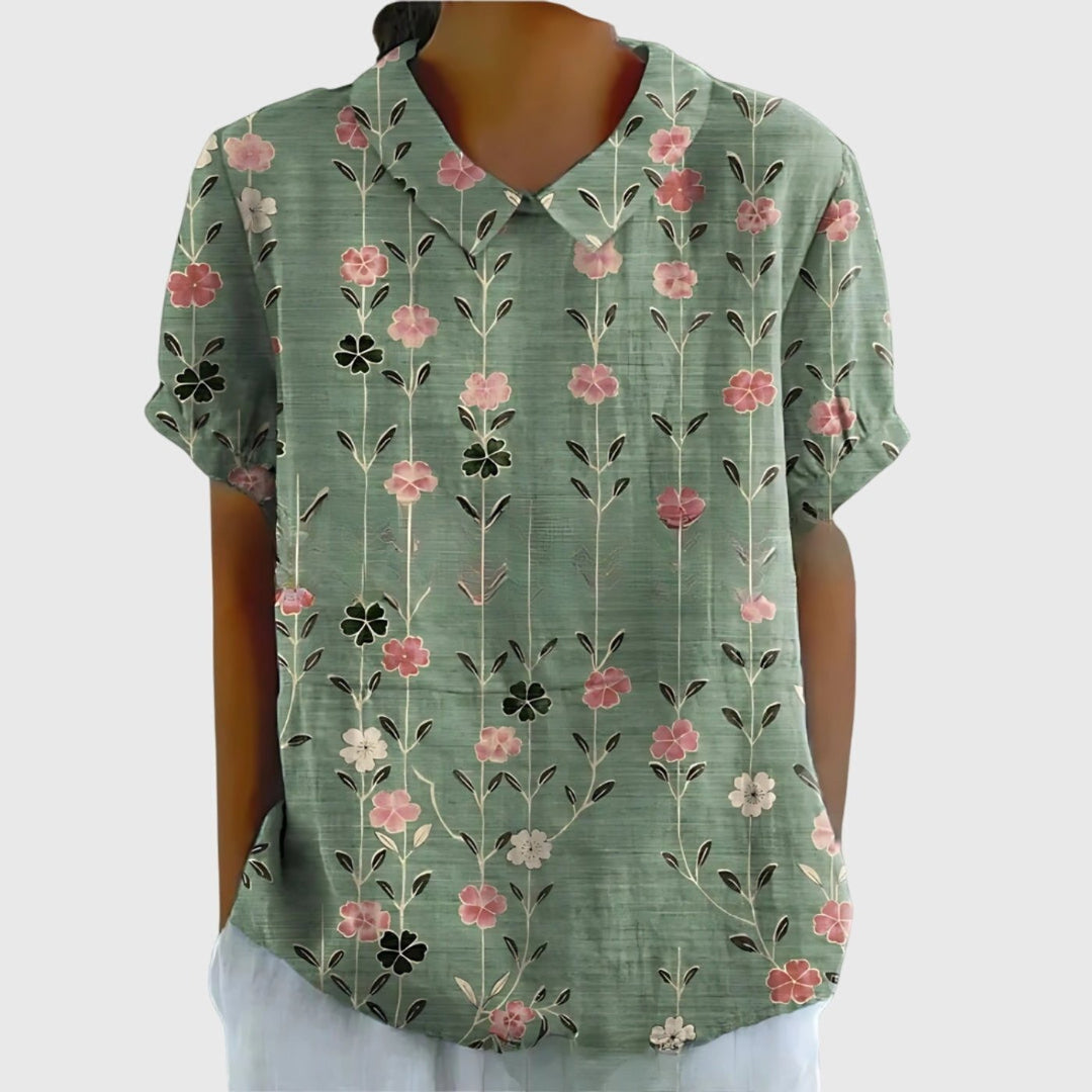 Blusa elegante de lino floral para mujer, perfecta para un look casual o semi-formal chic.
