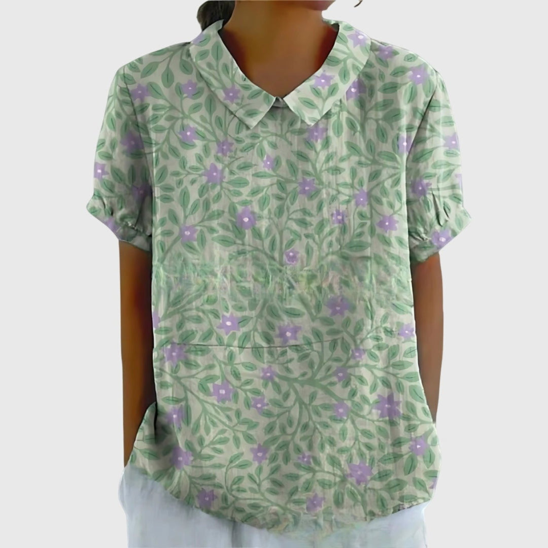 Blusa de verano de lino para mujer, con estampado floral botánico y manga corta ideal.