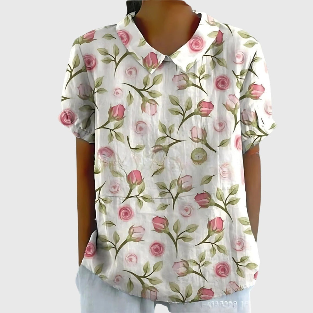Elegante blusa casual de lino floral para mujer, perfecta para moda de verano y primavera.
