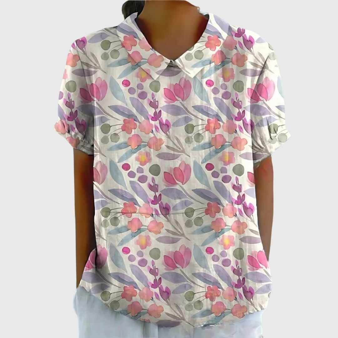 Blusa de mujer con estampado floral de lino, transpirable y muy cómoda para el calor.