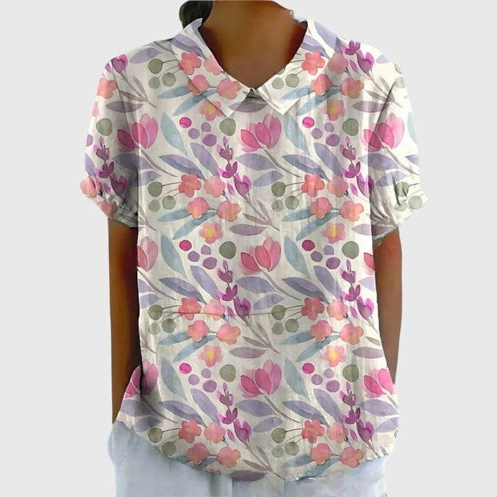 Blusa de mujer con estampado floral de lino, transpirable y muy cómoda para el calor.